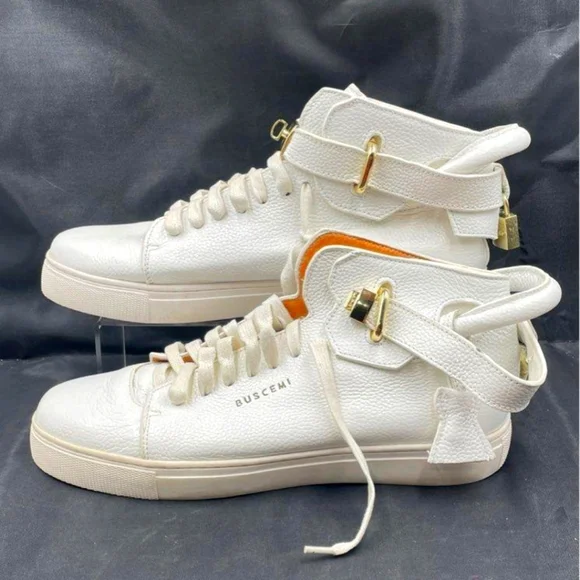 BUSCEMI Unisex 100MM ALTA White Leather 24kt Hrdw Hi-Top Sneakers Shoes Size 41 - Picture 2 of 12